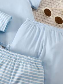 SHEIN Playful Pals Bộ 6 món cho bé sơ sinh, kiểu dáng thường ngày, kẻ sọc và họa tiết ngôi sao, cổ tròn, tay ngắn, áo liền quần và quần, chất liệu vải dệt kim thoải mái, phù hợp cho hoạt động ngoài trời và mặc hàng ngày, dành cho bé từ 0-9 tháng tuổi. - Xanh và trắng - Xem 8