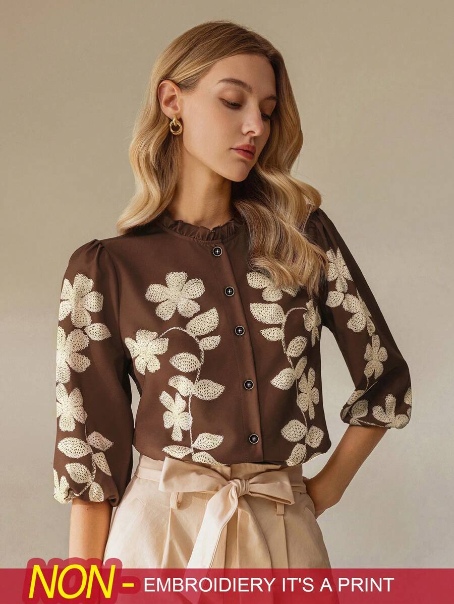 SHEIN Clasi Camicia elegante da donna con maniche a lanterna e stampa floreale, adatta per l'estate - Multicolore - Visualizzare 1