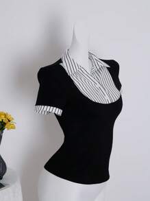 SHEIN Unity Women's Spring And Summer 2 In 1 Short Sleeve Spliced Shirt Design Black Top - Black - View 3