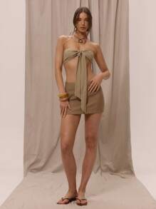 MUSERA Textured Tie Front Elegant Boho Romantic Linen Feel Strapless Bandeau Top For Spring Summer Vacation Holiday Beachwear Ibiza - Olive Green - View 5