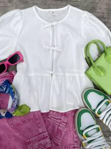 Coolane Conjunto de ropa informal para niñas preadolescentes de primavera/verano, atuendo lindo para vacaciones de primavera, blusas blancas con tirantes con lazo y mangas abullonadas cómodas