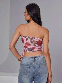 Roylia Women's Vacation Cropped Floral Print Fitted Blouse With Ruffle Hem - Pink - View 2