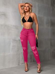 SHEIN SXY Women's Pocket Detail Distressed Skinny Casual Denim Jeggings - Hot Pink - View 6