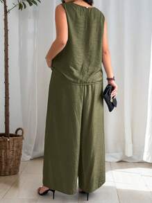 EMERY ROSE Set de 2 piezas de talla grande para mujer, con camisa de cuello redondo sin mangas y pantalones de unicolor - Verde militar - Ver 2