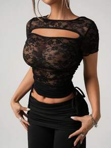 SHEIN ICON Sexy T-Shirt mit Spitzeneinsätzen und seitlicher Ziehkordel, geeignet für den täglichen Gebrauch und den Urlaub