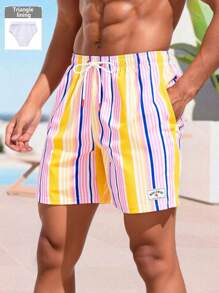 Manfinity Swimmode Men's Striped Drawstring Waist Casual Beach Shorts - Yellow - View 1