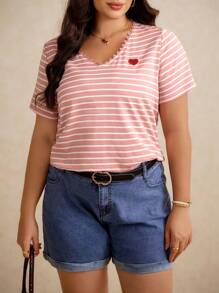 Elaquor Camiseta de manga corta con rayas y bordado de corazón, informal y de talla grande, para verano