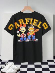 GARFIELD | SHEIN 青少年男孩美国卡通运动图案宽松针织圆领 T 恤 - 黑色 - 查看 3