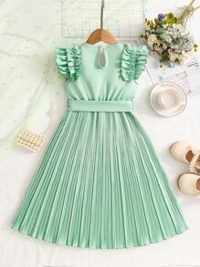 SHEIN Mädchen 4-7 Jahre modisches, süßes einfarbiges Kleid mit Puffärmeln, Taille und plissiertem Rockteil + Gürtel, Sommer
