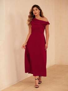 Flirla Plus Size Women Elegant Solid Color Off Shoulder Side Slit Ruffle Dress