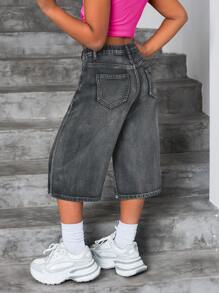 SHEIN Tween Girl Fashion Casual Y2k Base Baggy Comfortable Six-Cent Denim Shorts For Tween Girl Clothes Boys Soft Dailywear And Tween Girl Summer And Spring Clothes - Grey - View 2