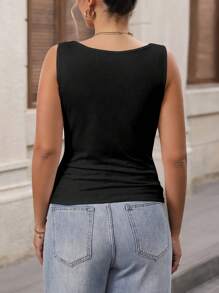 INAWLY Camiseta de tirantes casual y versátil con cuello de pico y plisados para mujeres de talla grande - Negro - Ver 2