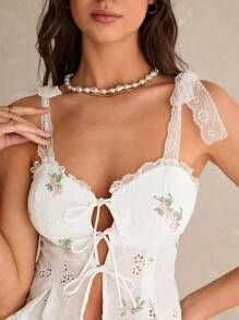 Poéselle Parte superior de tirantes con panel frontal de encaje bordado con floral, top de verano lindo, top bohemio chic para mujer