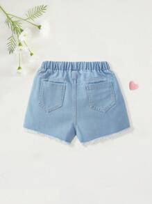 Quần short denim cạp chun co giãn thoải mái, dáng rộng, phong cách đại học dành cho bé gái tuổi teen - Rửa nhẹ - Xem 2