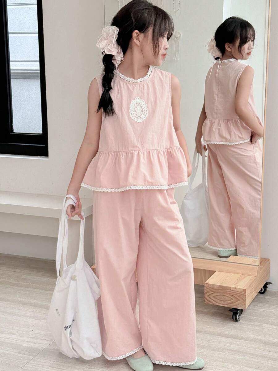 Dazy Kids 2 Stücke Set für Tween Mädchen mit gewebter Spitze Patchwork Bluse mit rundem Ausschnitt und langer Hose, Sommer