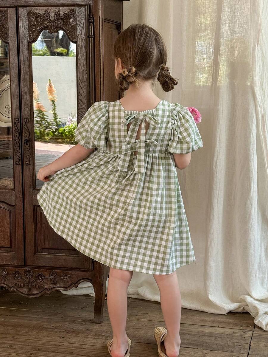 LMoss Kids LMoss   Young Girl Woven Plaid Square Neck Puff Sleeve Fitted Dress,Sisters Outfit,3D Bow Decor,Casual Dress Unique Dresses For Girls    Girls Summer Dresses Spring Dresses For Girls Summer Clothes For Girls Spring Girl Clothes