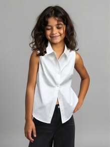 SHEIN 青少年女孩休闲修身无袖收腰白衬衫，返校季 - 白色 - 查看 3