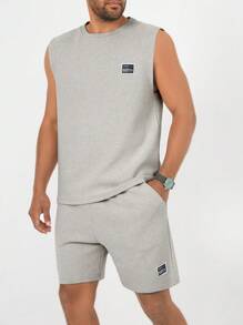 RueChic Men Letter Patched Detail Tank Top & Shorts - Apricot - View 5