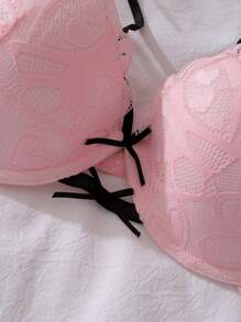 3/4 Cup Push-Up Underwire Lingerie Bra, Sweet, Cute, Romantic, Contrast Color, Heart-Shaped Lace, Bowknot, Ribbon, Sexy Ladies Underwear, Black/Pink, Kawaii