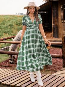 LanaWest 女士格纹面料收腰休闲日常度假通勤短袖连衣裙 - 彩色 - 查看 5