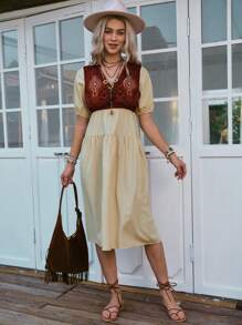 LanaWest Mid-Length Embroidered Patchwork Color Casual Vacation Dress - Apricot - View 6