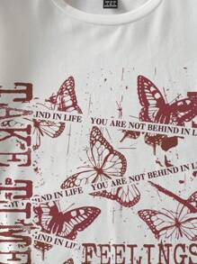 Attitoon Camiseta ajustada de mujer de manga corta y cuello redondo con estampado de mariposas informal, hecha de algodón, apta para el verano - Blanco - Ver 5
