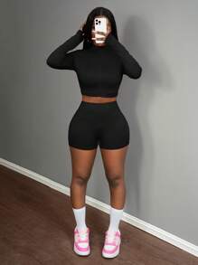 Slaydiva Set de 3 piezas: Top de manga larga ajustado con cremallera media, top corto sin mangas y shorts deportivos casuales de verano para mujer