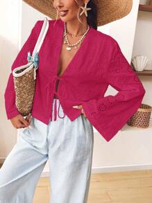 SHEIN VCAY 休闲纯色编织宽松女式衬衫，前部系带 - 玫紅色 - 查看 3