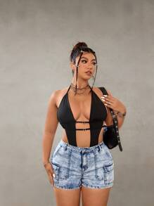 SHEIN ICON 大码破洞牛仔紧身短裤，适合狂欢装扮和节日