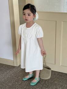 DAZY Kleine Mädchen Kleid mit rundem Ausschnitt, gewebtem Stoff und Kurzarm, Sommer - Weiss - Übersicht 7