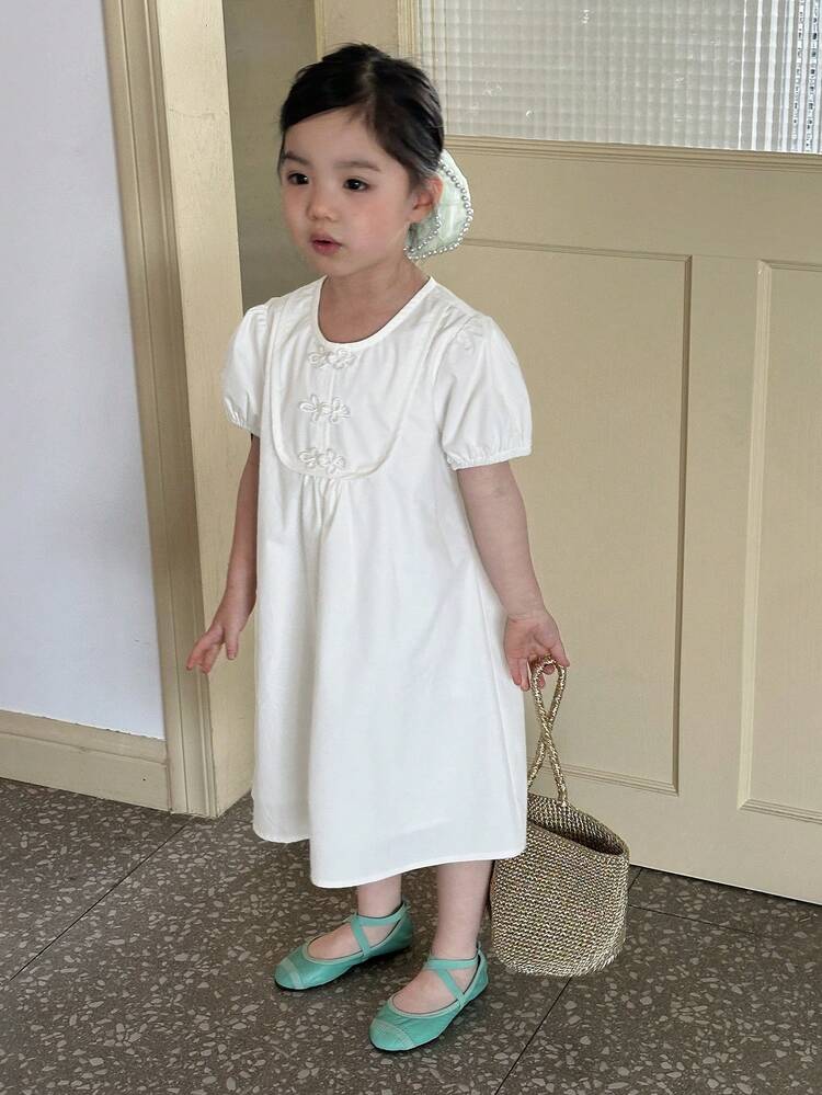 Young Girl Round Neck Woven Short Sleeve Dress, Summer