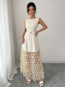 Lyxana New Women's Sleeveless 3D Floral Mesh Patchwork Woven Fabric Wedding Guest Dress - Lightweight, Youthful, Versatile, Elegant, Sophisticated - Apricot - View 5