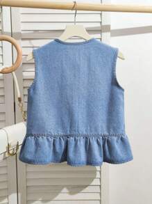SHEIN Dziewczęcy sweter YK Fashion, swobodny, niebieski, dżinsowy sweter z falbanką na dole i bez rękawów, z kokardą, luźny i wygodny, dżinsowy sweter dla dziewcząt, miękki, codzienny i na każdą porę roku. Ubrania dla dziewcząt w wieku 12 lat - Jasny jeans - Zobacz 2