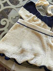 INAWLY 2pcs Women Set: Contrast Color Front Tie Cropped Knit Top & Knitted Blend Midi Skirt - Multicolor - View 2