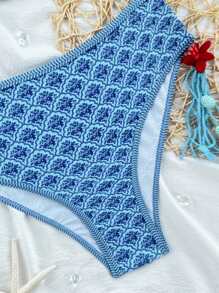 Swim Mod Bộ đồ bơi 2 món cho kỳ nghỉ xuân dành cho nữ, áo crop top hở vai in họa tiết hoa ngẫu nhiên và quần short cạp cao đi biển mùa hè - Màu xanh lam - Xem 4