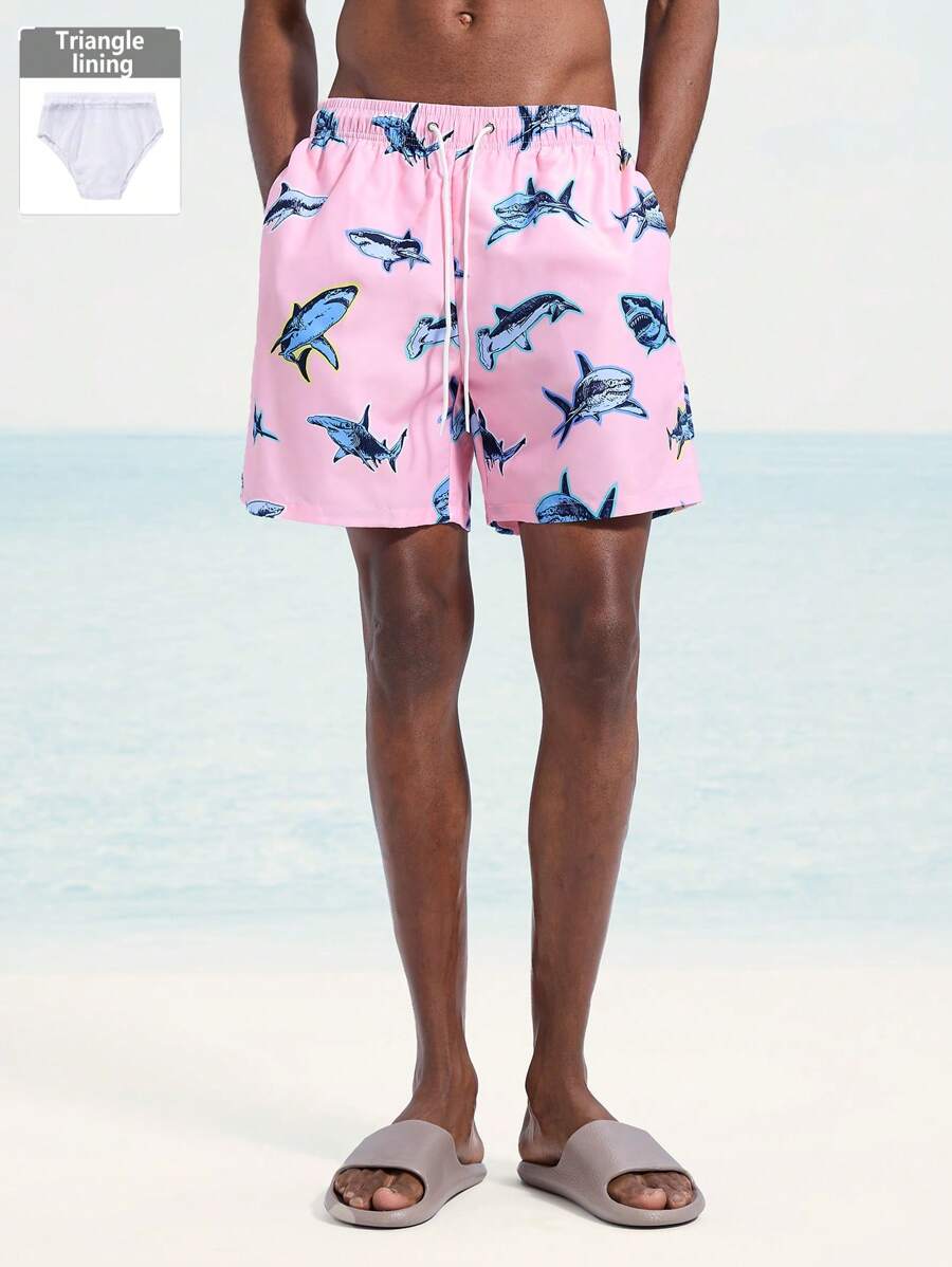 Surfspeed Men's Shark Print Drawstring Waist Beach Shorts - Pink - View 1