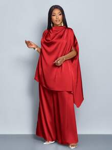 SOLERSUN Women's Fashionable Solid Color Elegant Mock Neck Stylish And Sophisticated Batwing Sleeve Satin Asymmetrical Hem Blouse & Straight-Leg Elegant Long Pants Sets Fall Cloth For Women - Red - View 6