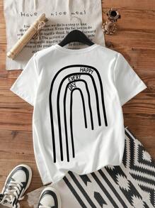 SHEIN EZwear Casual Graphic Print Crew Neck Short Sleeve Fitted Women T-Shirt, Cotton Blend, Suitable For Summer