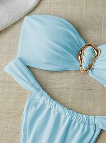 Swim Chiccia Women's Summer Solid Color Bandeau Metal Decor & Thong Bikini Set, Sexy - Blue - View 3