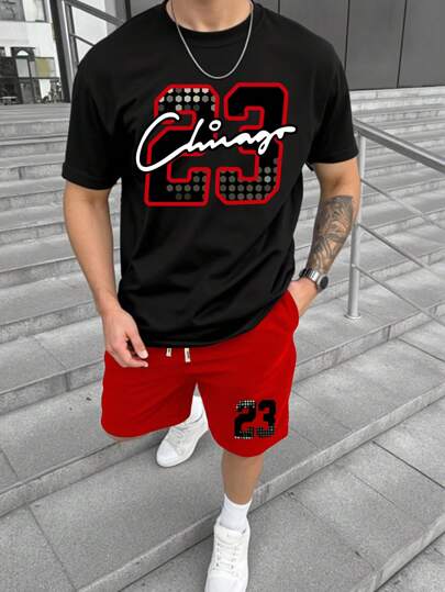 Aesthetic Post Men's Summer Casual Digit Print Short Sleeve T-Shirt & Shorts 2 Pieces Set