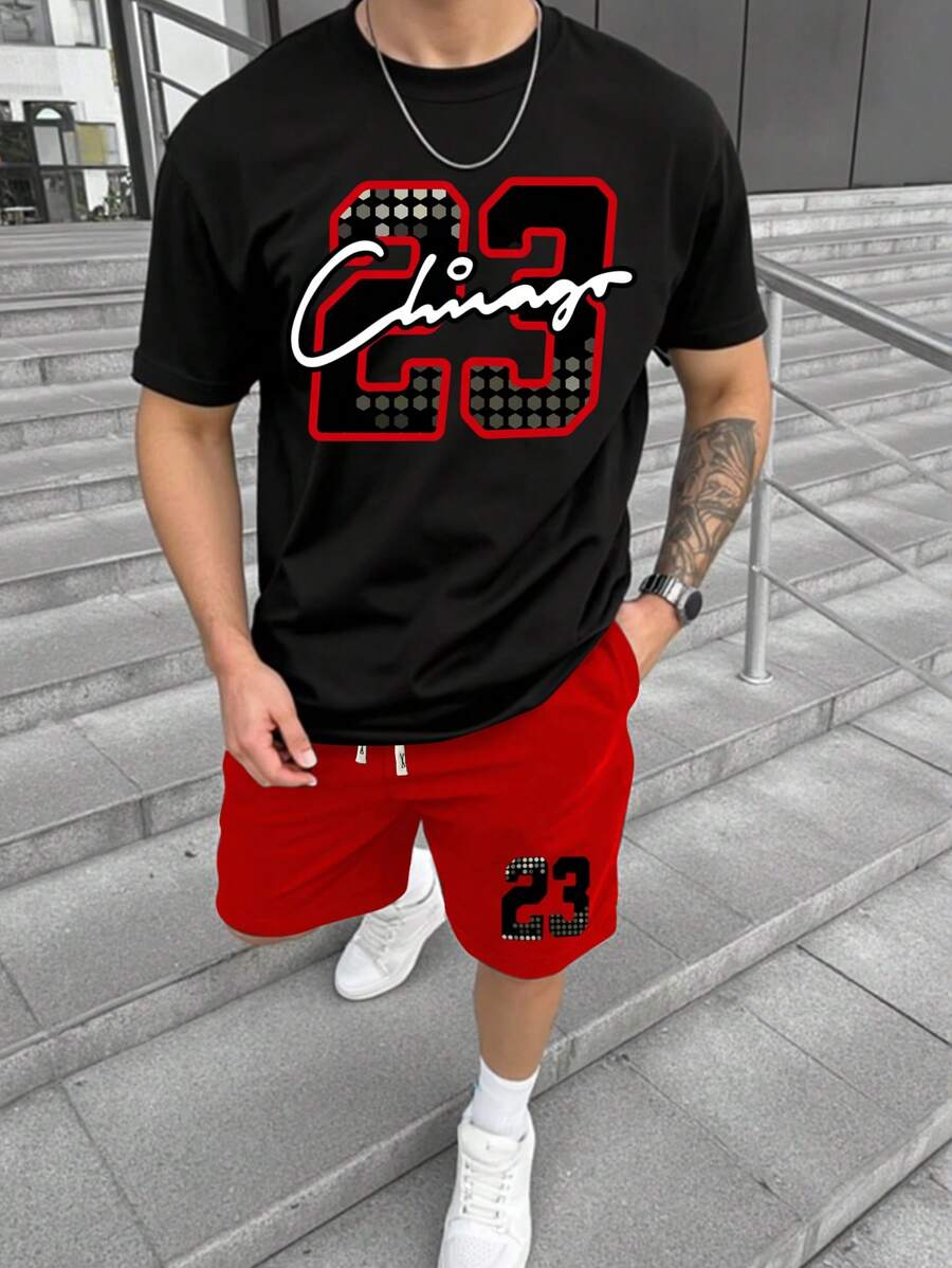 Manfinity Homme Bộ 2 món áo thun tay ngắn in chữ thường ngày mùa hè dành cho nam và quần short - Nhiều màu - Xem 1