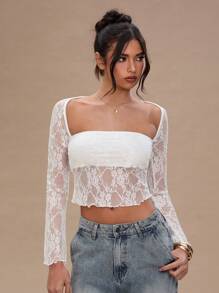 SHEIN BAE Women's Sexy Burgundy Lace Sheer Simple Blouse, Suitable For Date Night, Girlfriends Gathering, Birthday Party, Cocktail Party, Valentine's Day, Nightclub, Holiday Party - White - View 4