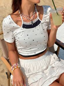 Jouncy Color Block Bowknot Printed 2 In 1 Short Sleeve Top, Casual Vacation Wear - Black and White - View 7