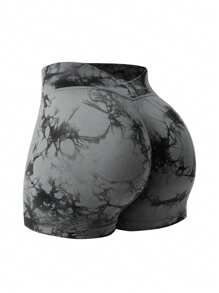 Gameset SHEIN Sport 3件扎染无缝V腰运动短裤 - 彩色 - 查看 3