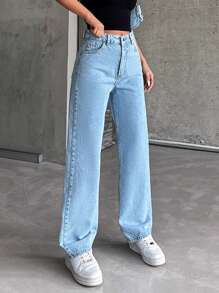 EURMUSE Women's Snowflakes Distressed Straight Jeans With Pockets - Light Wash - View 3