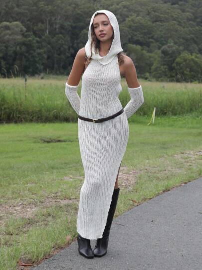 Roylia Vestido de punto con capucha, abertura lateral y espalda descubierta, color liso, ideal para vacaciones