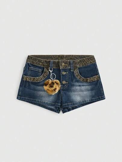 Grunge Punk Vintage Y2K Sexy Low Waist Patchwork Leopard Print Distressed Street Wear Heart Denim Shorts For Women, Summer