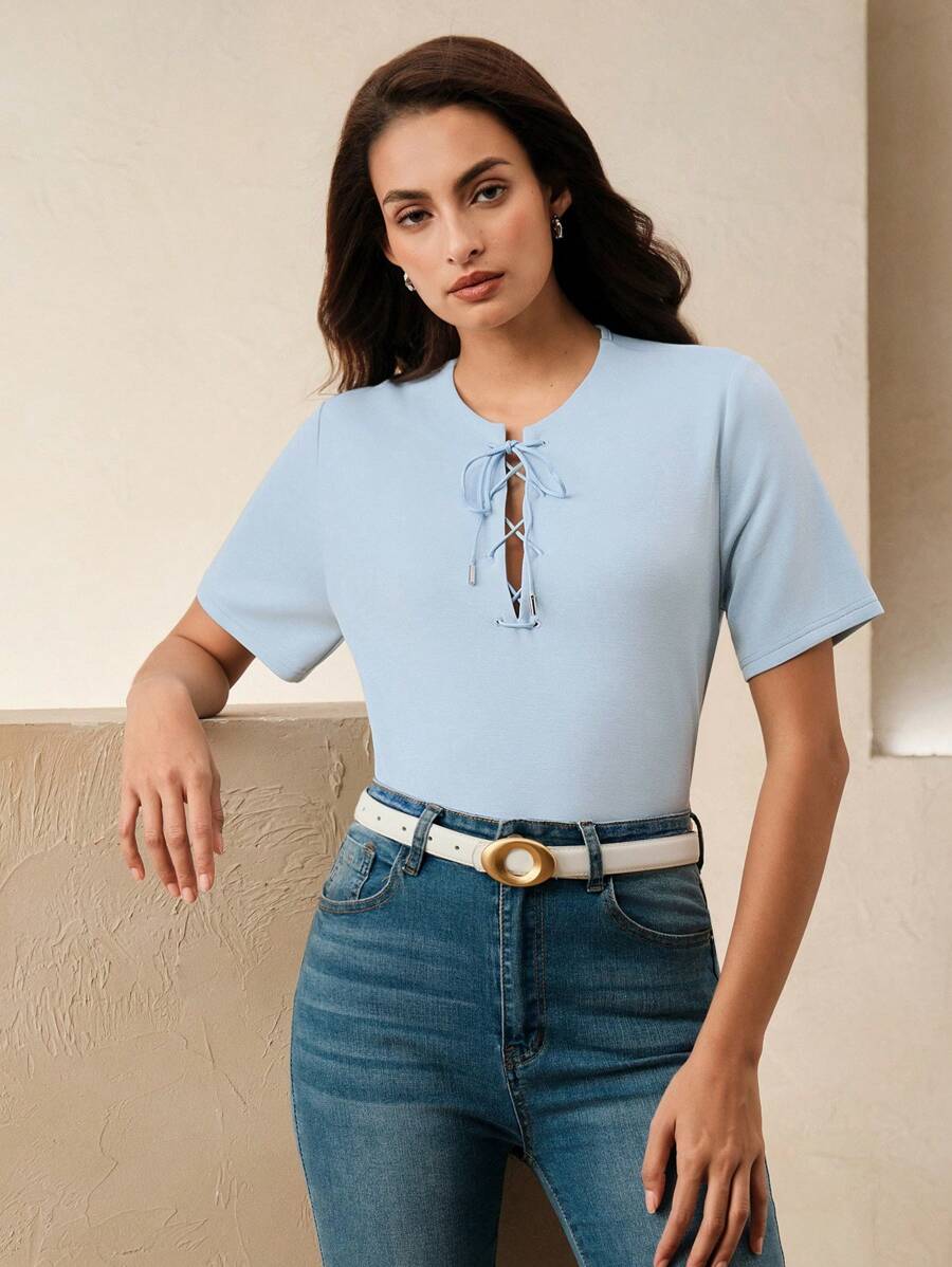 Anewsta Elaire Old Money Modesty Short Sleeve Drawstring Crew Neck Casual Pullover Top, Commuter Minimalist Design, Women Spring/Summer Business Casual - Blue - View 1