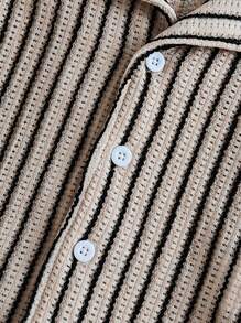 SHEIN Vintaside Kids Baby Boy Striped Lapel Neck Short Sleeve Single-Breasted Casual Shirt, Suitable For Daily Wear And School