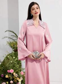 Al Najma 女士优雅水晶装饰喇叭袖阿拉伯风格连衣裙 - 粉色 - 查看 3